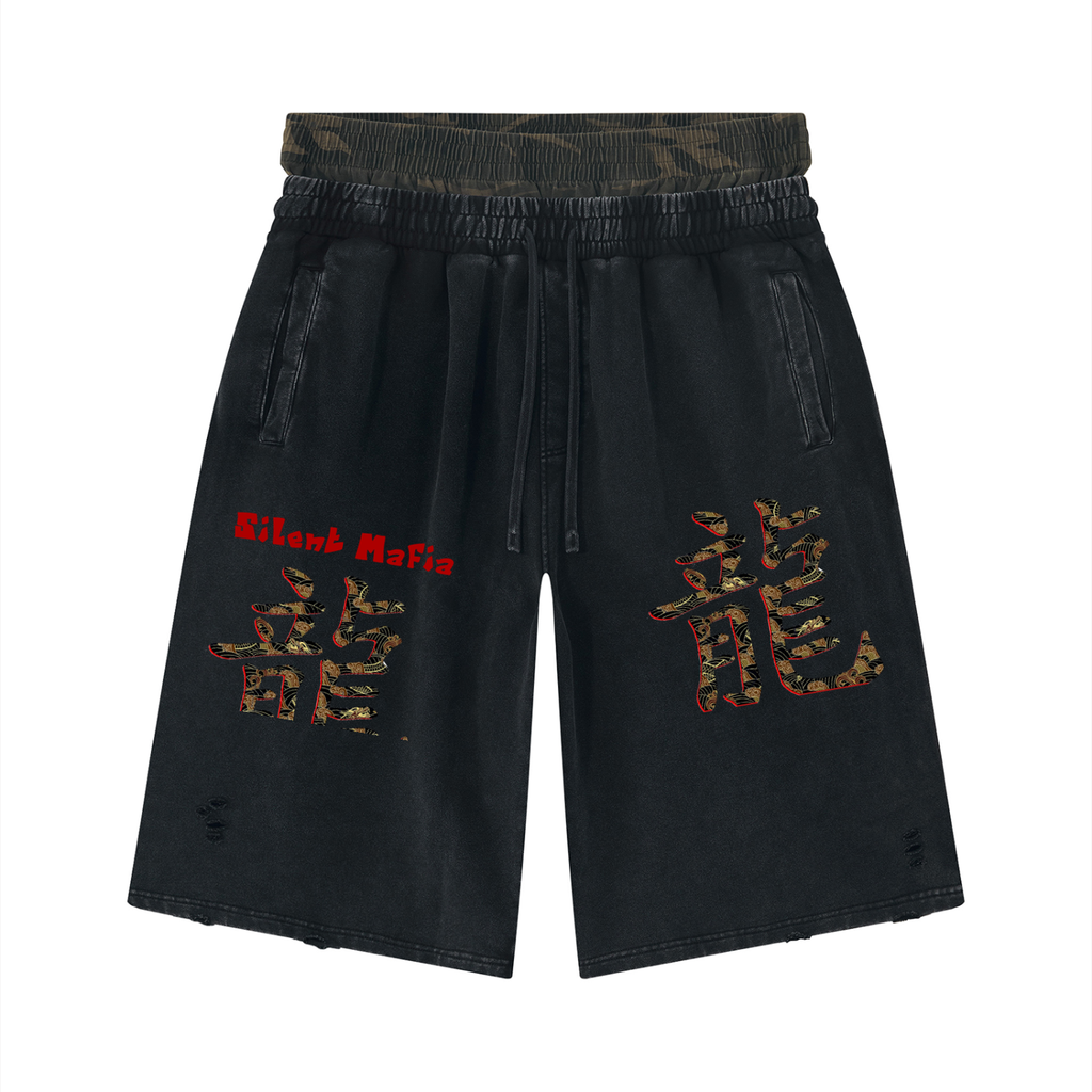 Silent Mafia Unisex Vintage Wash Distressed Wide Leg Shorts