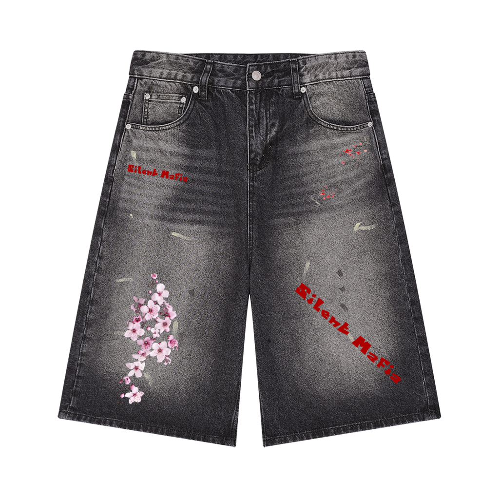 Silent Mafia Men’s Vintage Wash Wide Leg Denim Shorts