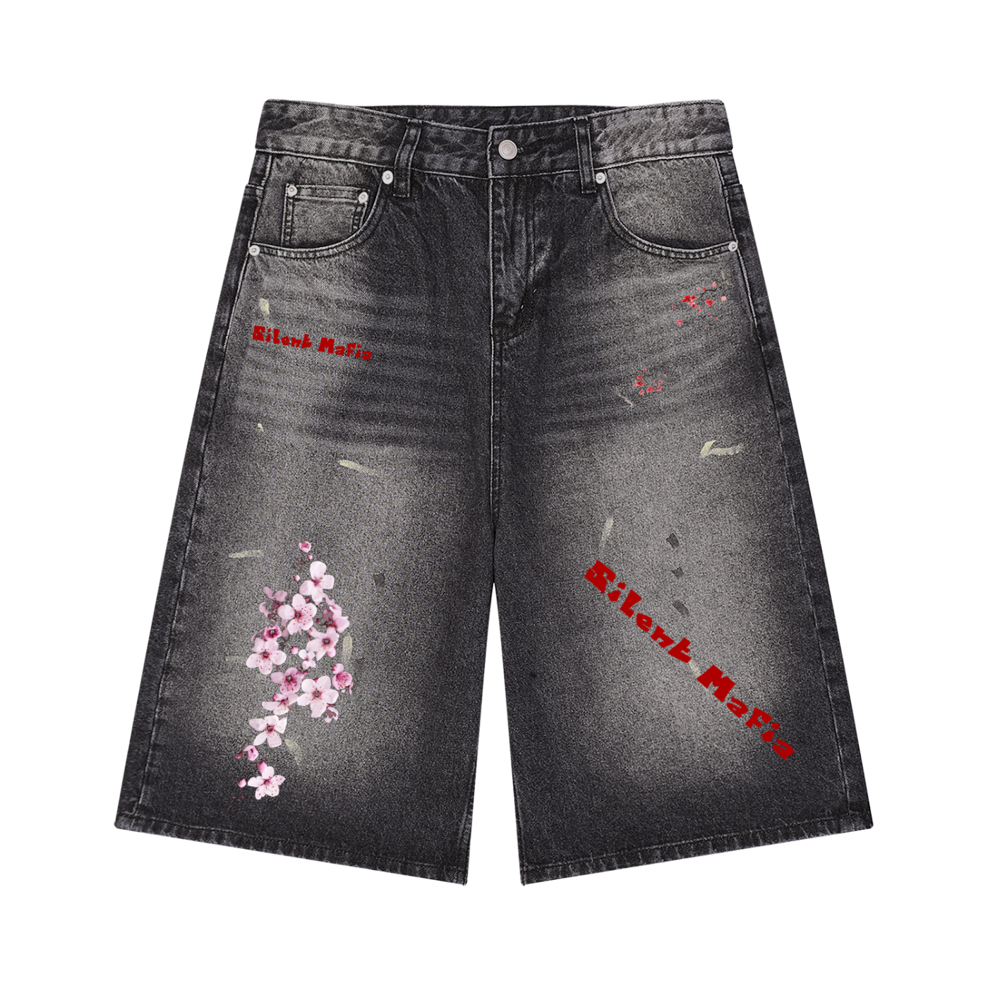 Silent Mafia Men’s Vintage Wash Wide Leg Denim Shorts
